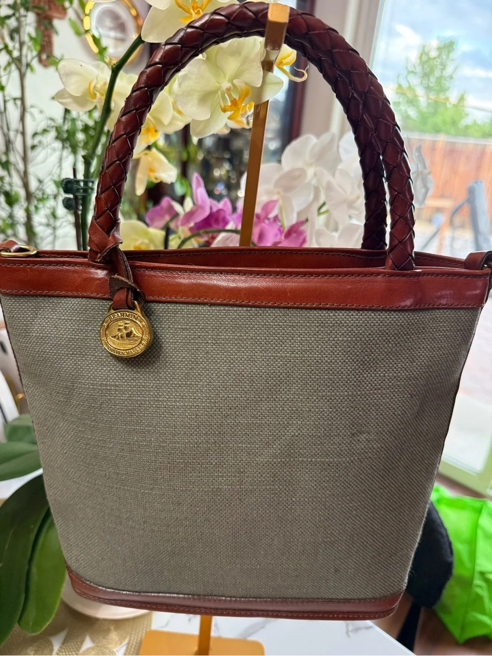 Vintage Brahmin Canvas Leather Shoulder Bag Braided Handles